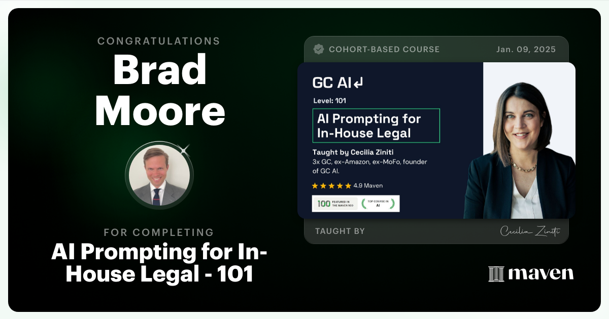 Certificate of Completion for AI Prompting for In-House Legal - 101