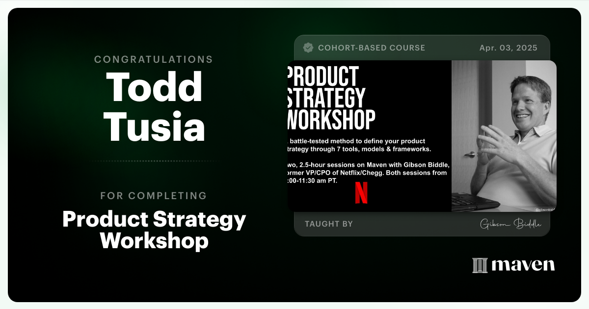 Certificate of Completion for Product Strategy Workshop