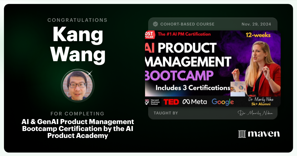 Certificate of Completion for AI Product Management Bootcamp & Certification by AI Product Academy