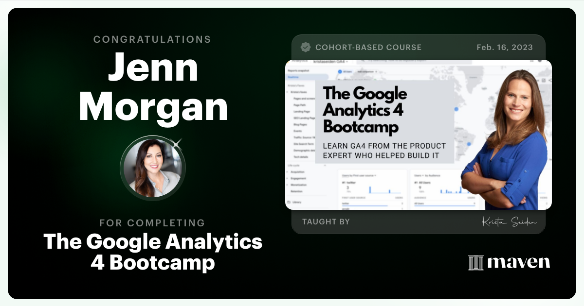 Certificate of Completion for The Google Analytics 4 Bootcamp