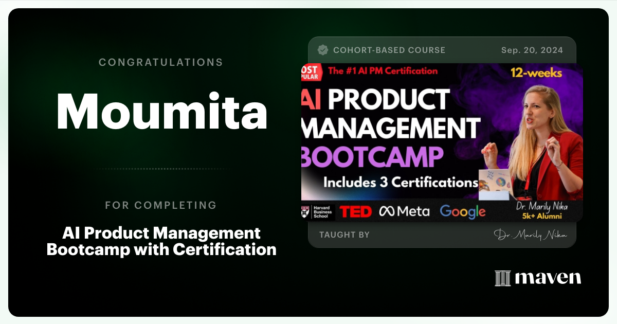 Certificate of Completion for AI Product Management Bootcamp & Certification by AI Product Academy
