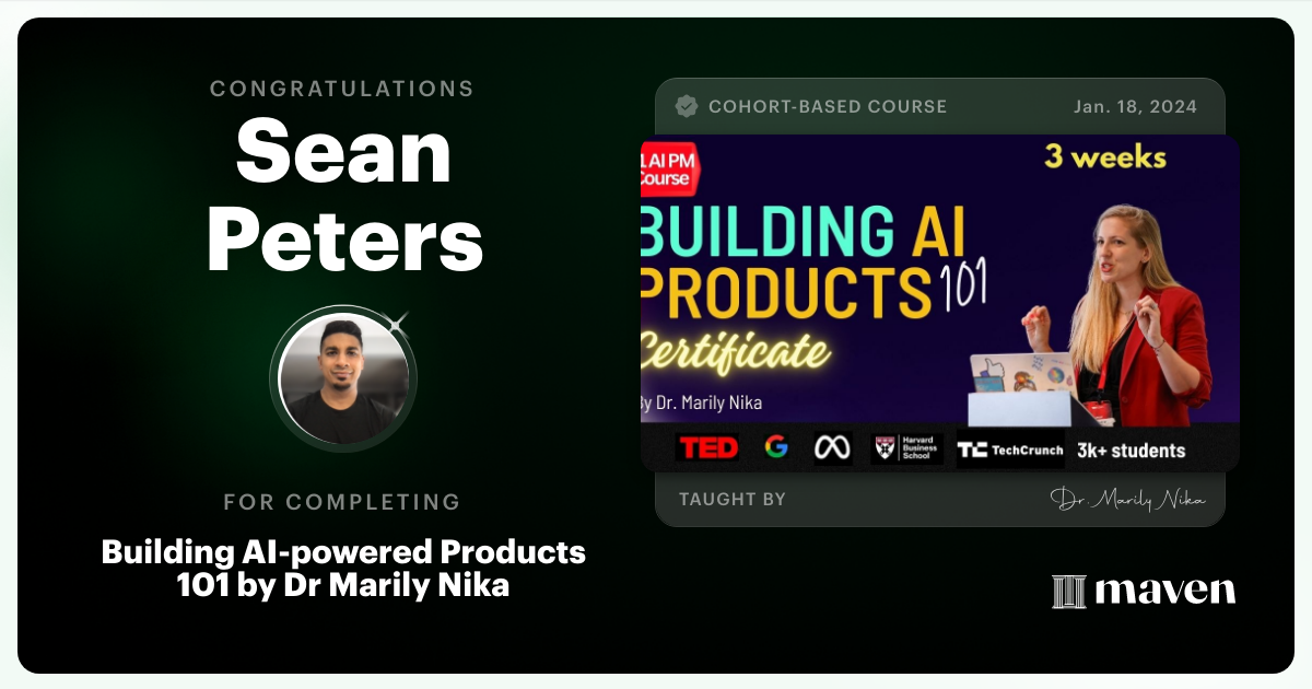 Certificate of Completion for AI Product Management 101 & Certification - Building AI Products end-to-end