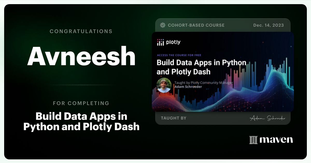 Certificate of Completion for Build Data Apps in Python and Plotly Dash