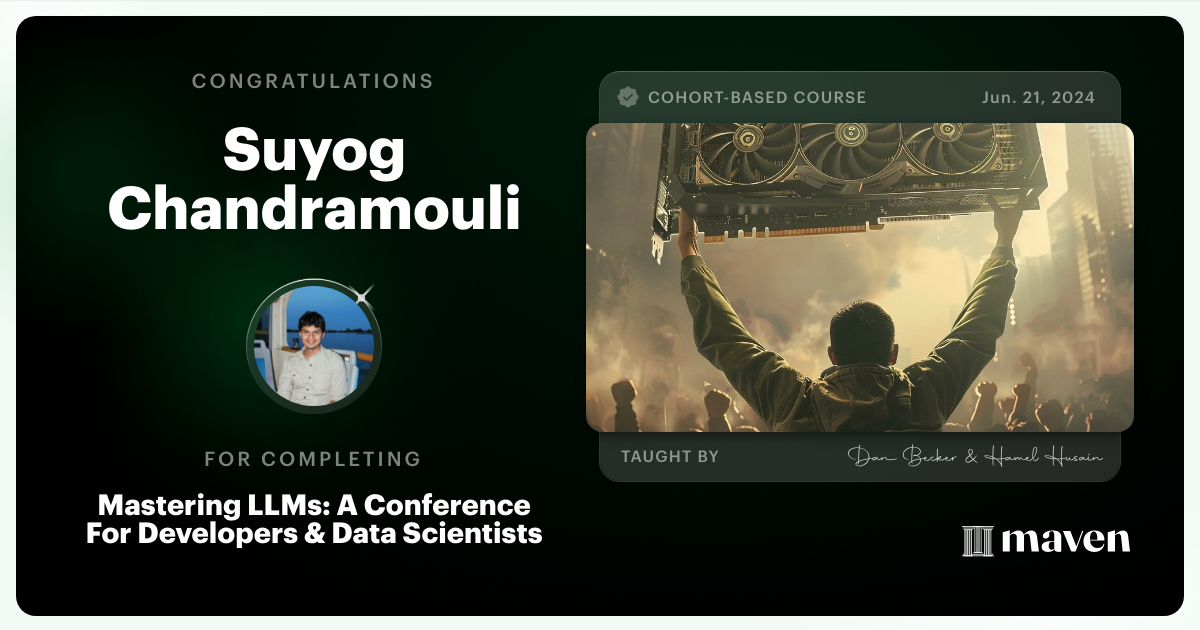 Certificate of Completion for Mastering LLMs For Developers & Data Scientists