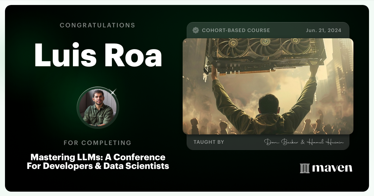 Certificate of Completion for Mastering LLMs For Developers & Data Scientists