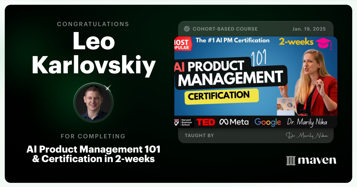 Certificate of Completion for AI Product Management 101 & Certification - Building AI Products end-to-end