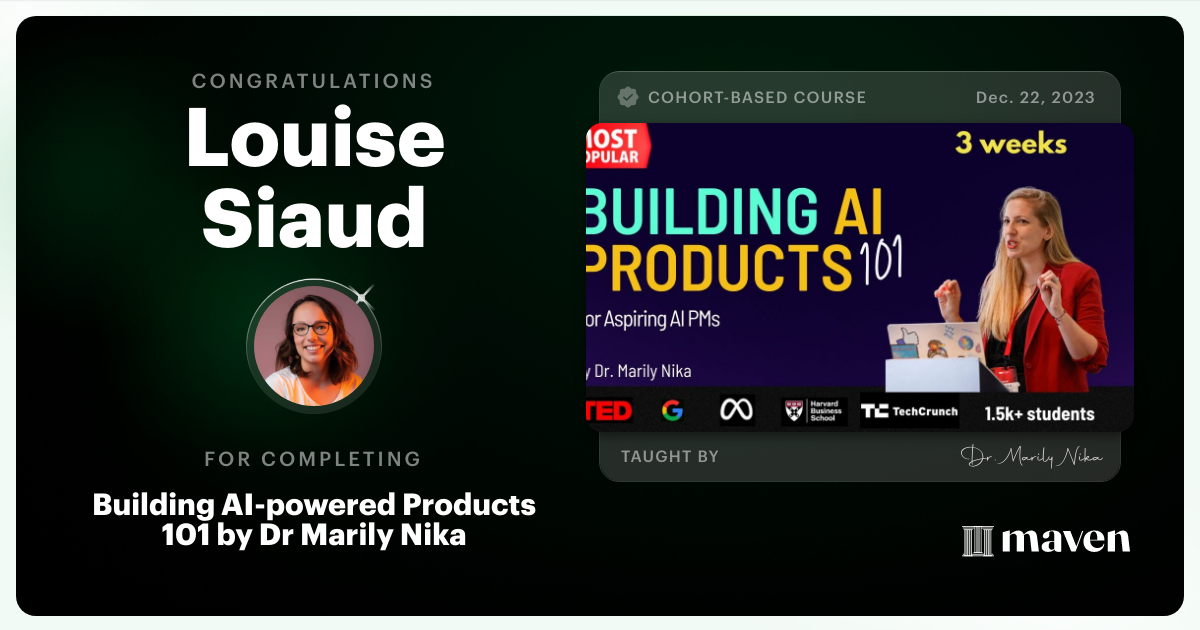 Certificate of Completion for AI Product Management 101 & Certification - Building AI Products end-to-end