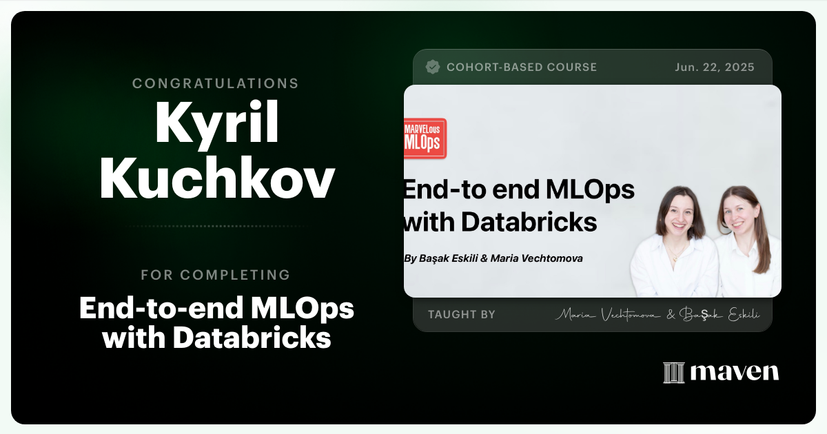 Certificate of Completion for End-to-end MLOps with Databricks