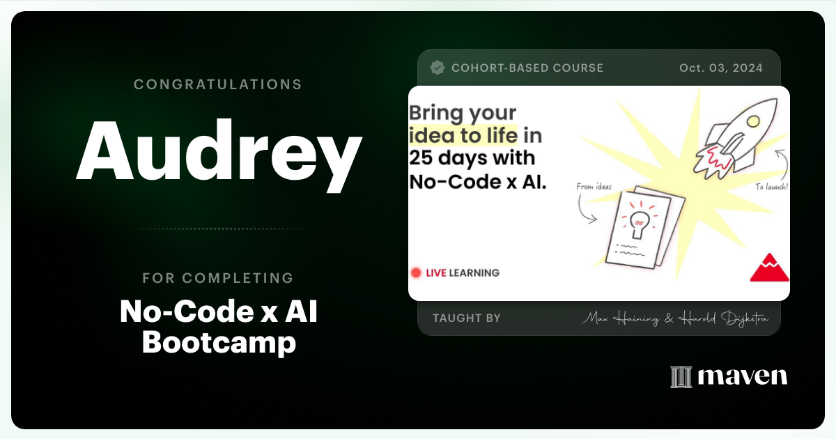 Certificate of Completion for No-Code x AI Bootcamp