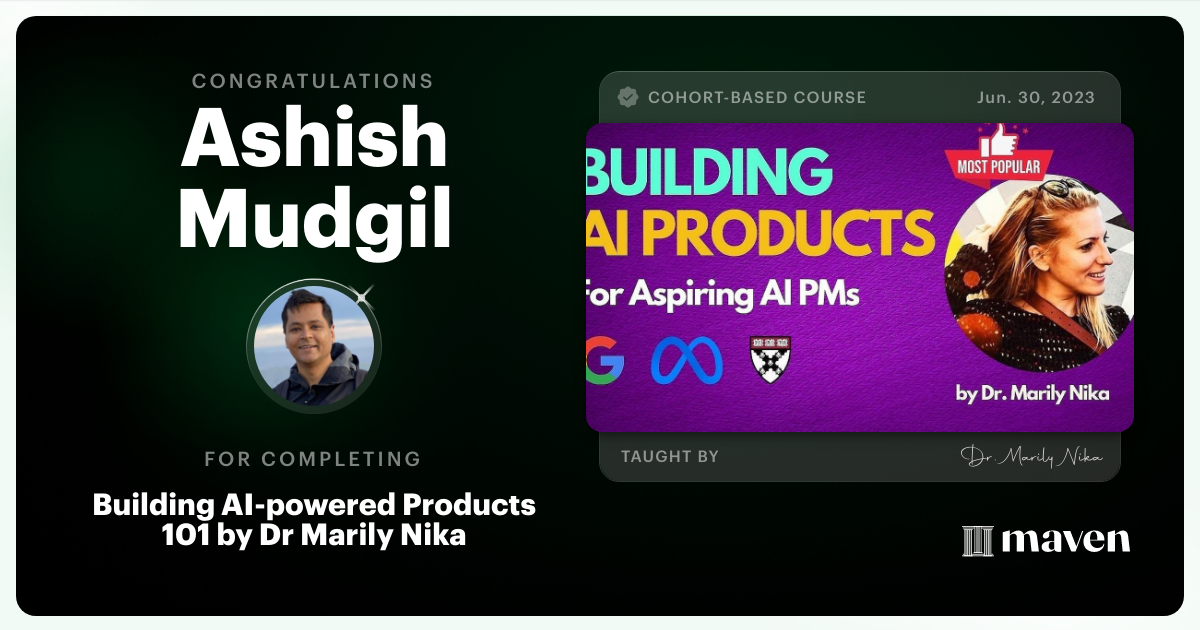Certificate of Completion for AI Product Management 101 & Certification - Building AI Products end-to-end
