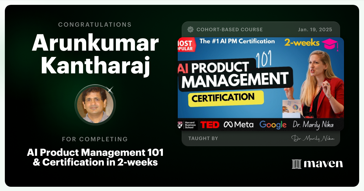 Certificate of Completion for AI Product Management 101 & Certification - Building AI Products end-to-end