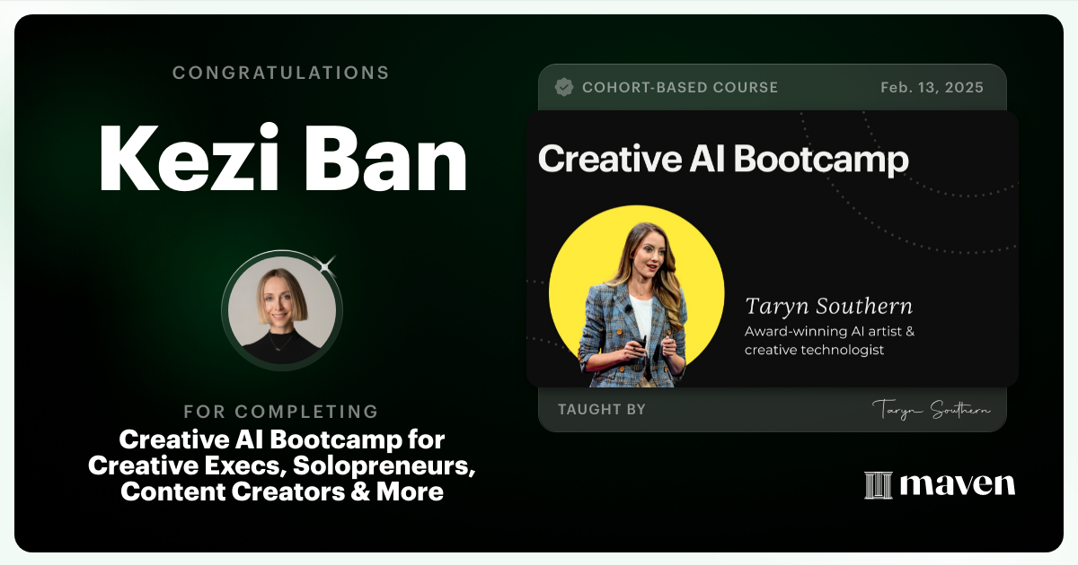 Certificate of Completion for Creative AI Bootcamp: Build Your Brand in 4 Weeks