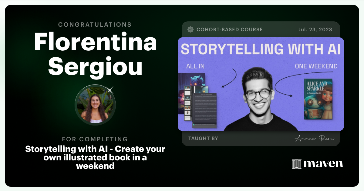 Certificate of Completion for Storytelling with AI - Create your own illustrated book in a weekend