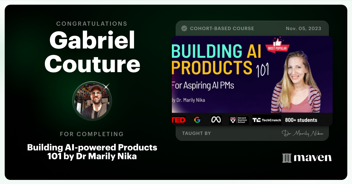 Certificate of Completion for AI Product Management 101 & Certification - Building AI Products end-to-end