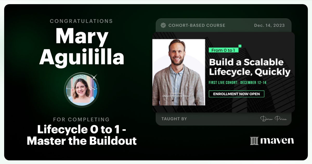 Certificate of Completion for Lifecycle 0 to 1 - Master the Buildout