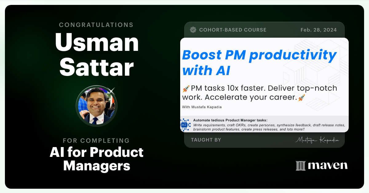 Certificate of Completion for Get Your Time Back: AI for Product Managers