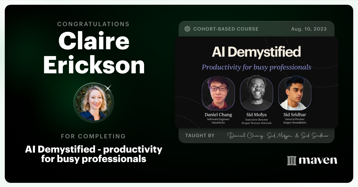 Certificate of Completion for AI Demystified - productivity for busy professionals