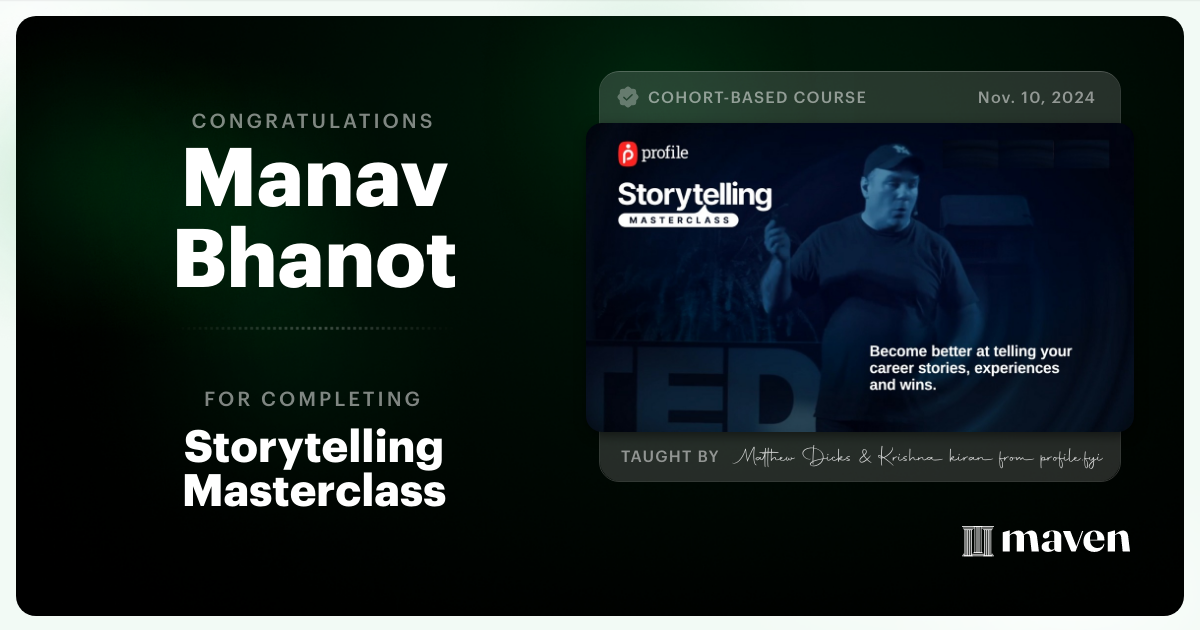 Certificate of Completion for Storytelling Masterclass