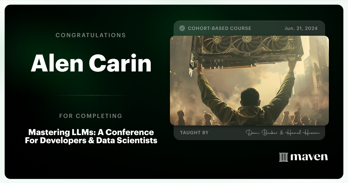 Certificate of Completion for Mastering LLMs For Developers & Data Scientists