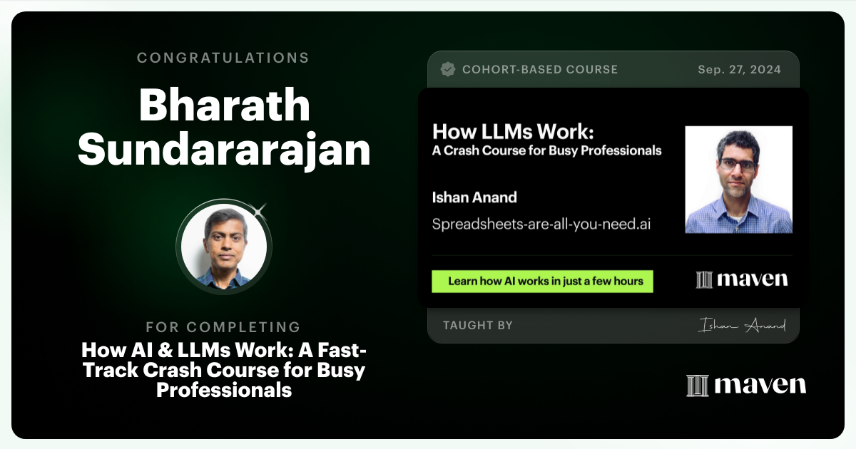 Certificate of Completion for How AI & LLMs Work: A Fast-Track Crash Course for Busy Professionals