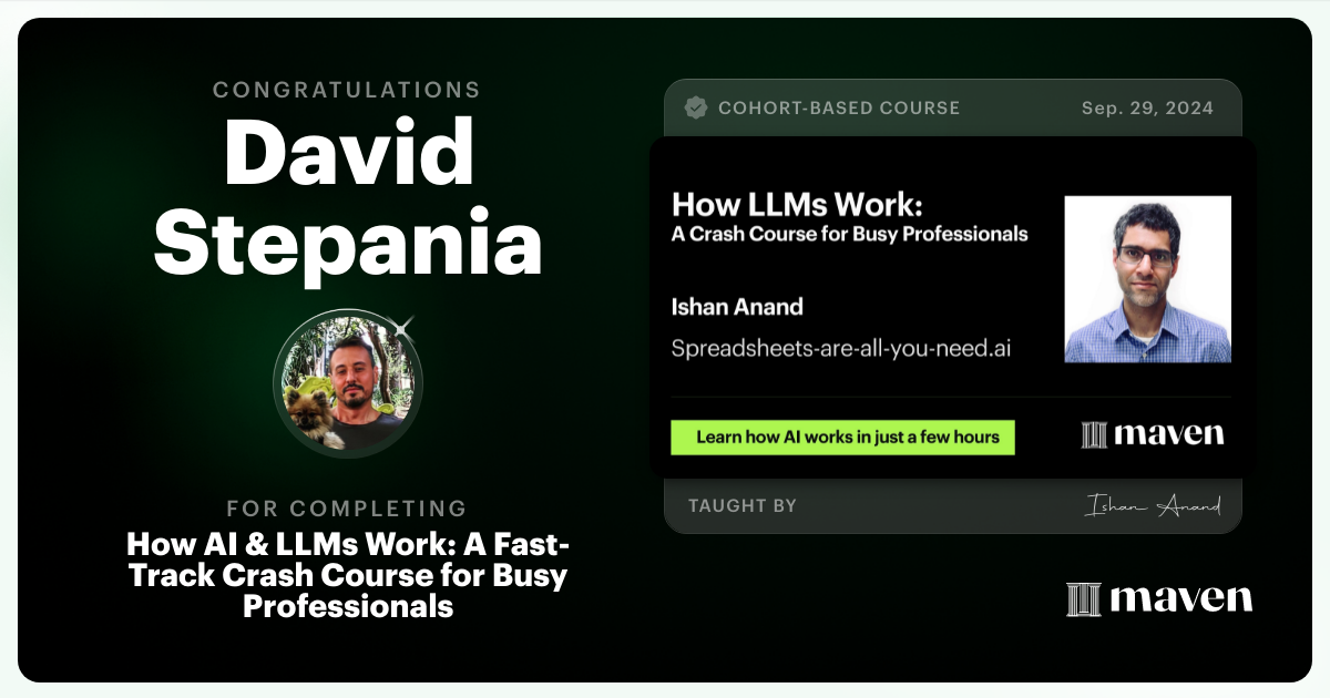 Certificate of Completion for How AI & LLMs Work: A Fast-Track Crash Course for Busy Professionals