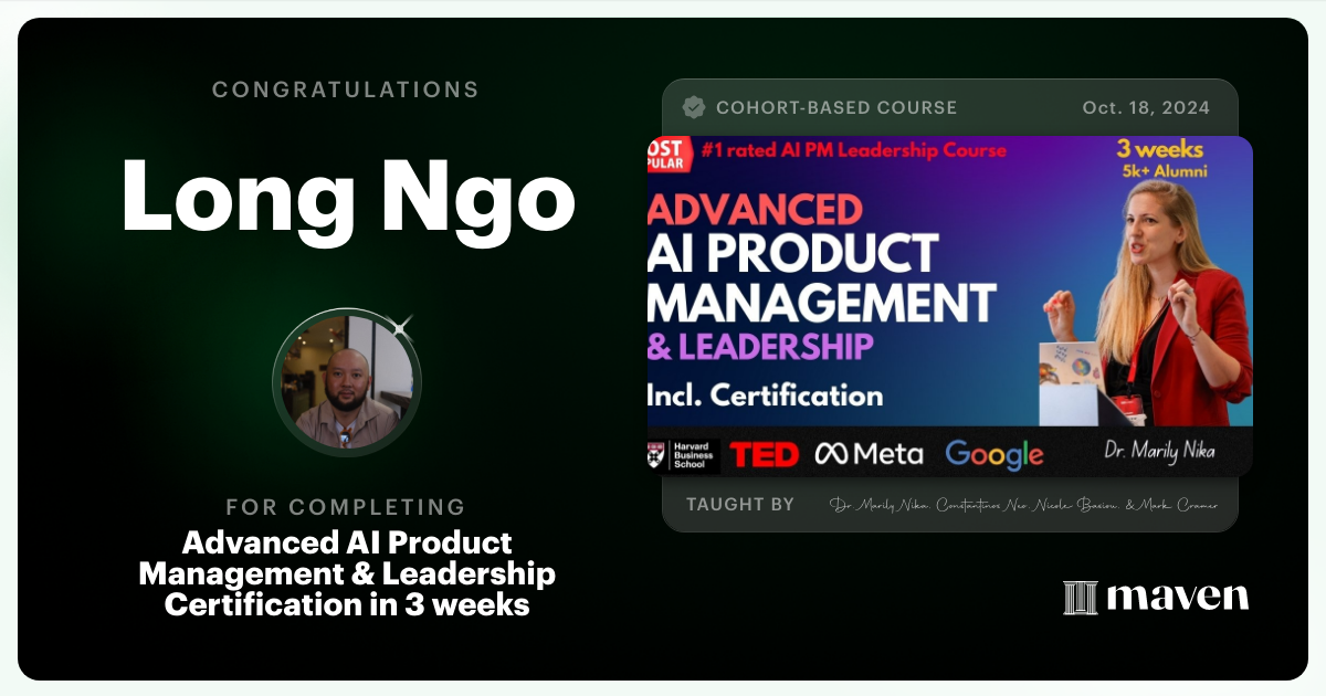 Certificate of Completion for Advanced AI Product Leadership Certification