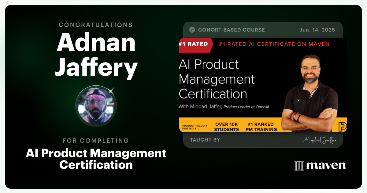 Certificate of Completion for AI Product Management Certification by Product Faculty