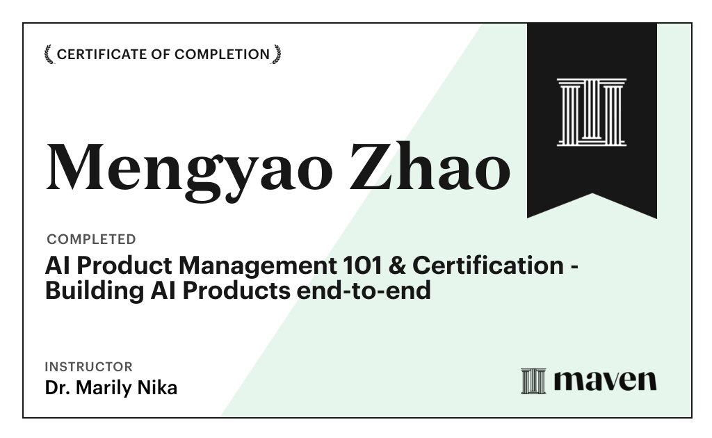 Certificate for AI Product Management 101 & Certification - Building AI Products end-to-end