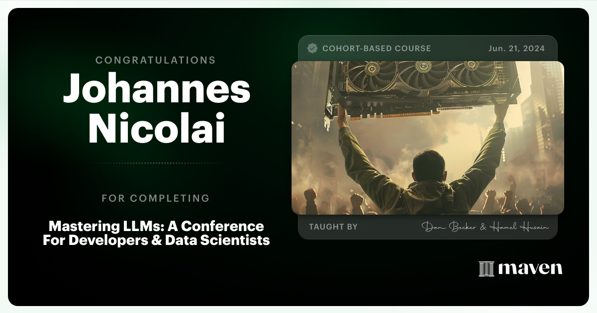 Certificate of Completion for Mastering LLMs For Developers & Data Scientists