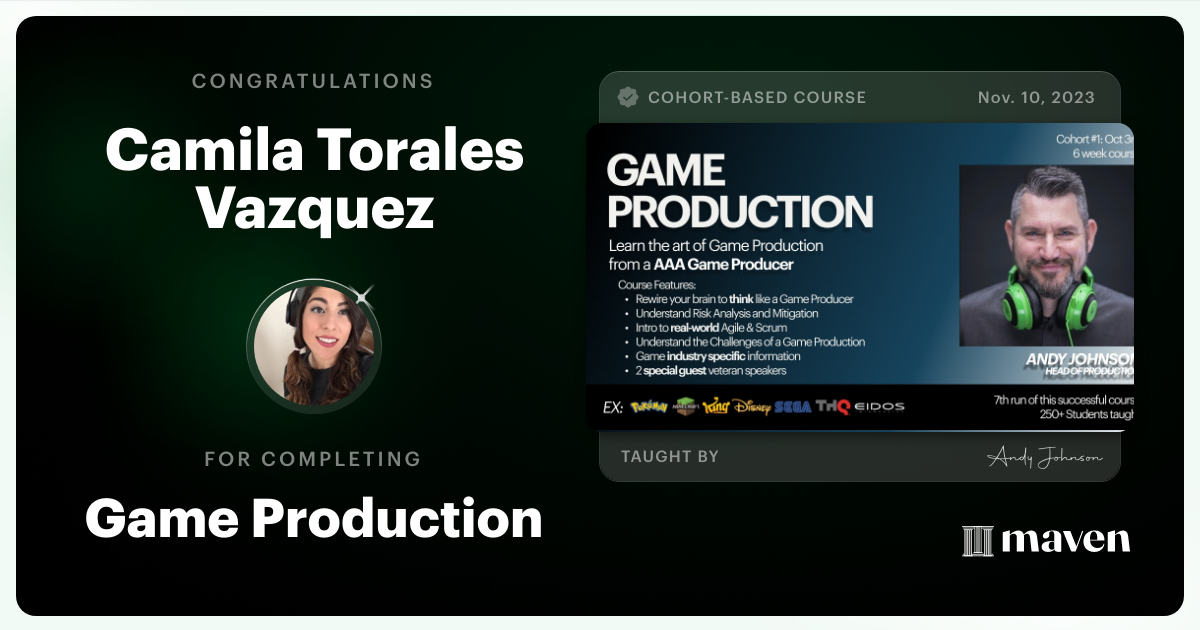 Certificate of Completion for Game Production – Think Like a Game Producer & Ship Games!