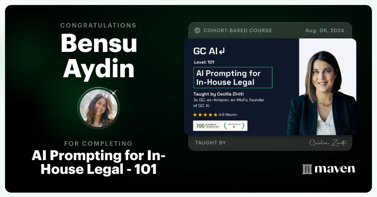 Certificate of Completion for AI Prompting for In-House Legal - 101