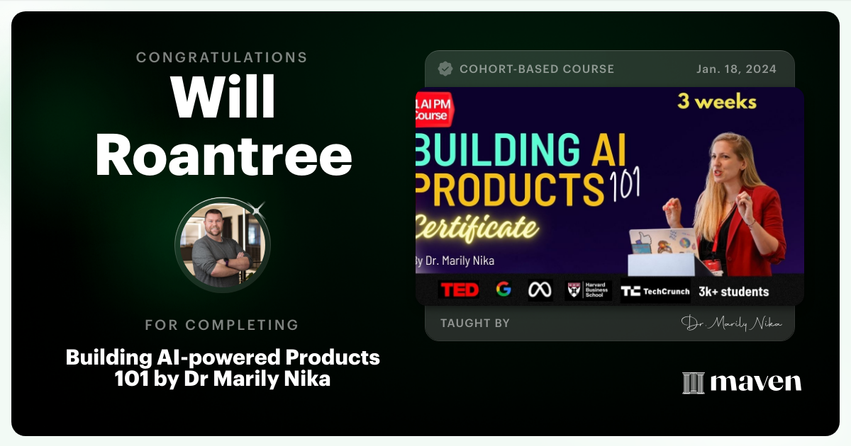 Certificate of Completion for AI Product Management 101 & Certification - Building AI Products end-to-end