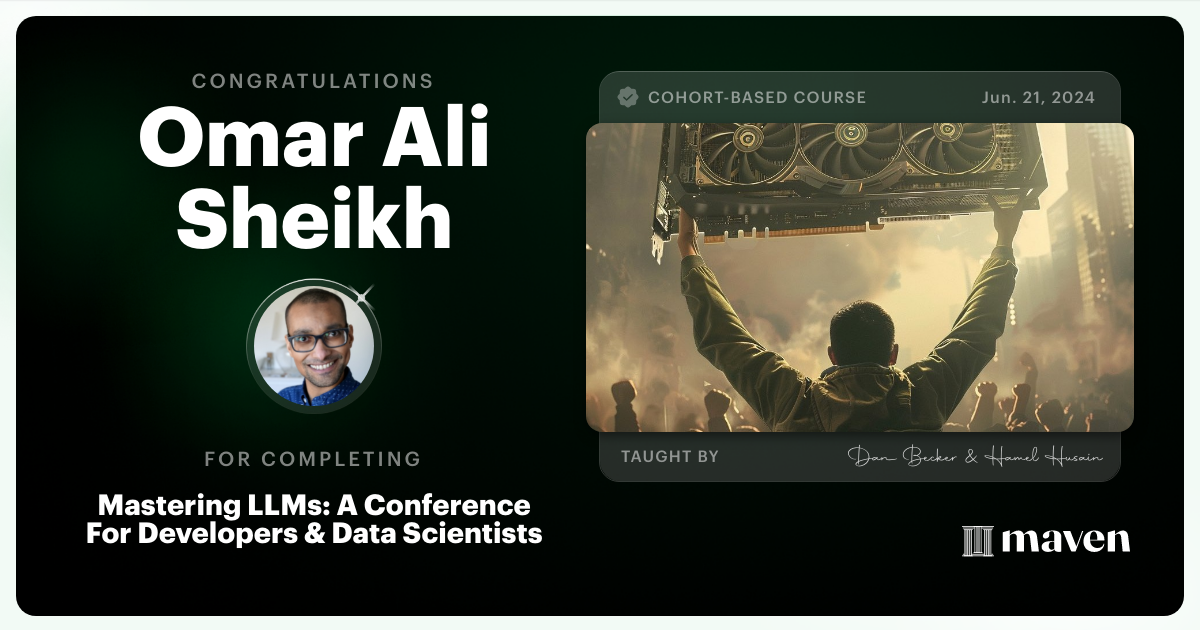 Certificate of Completion for Mastering LLMs For Developers & Data Scientists