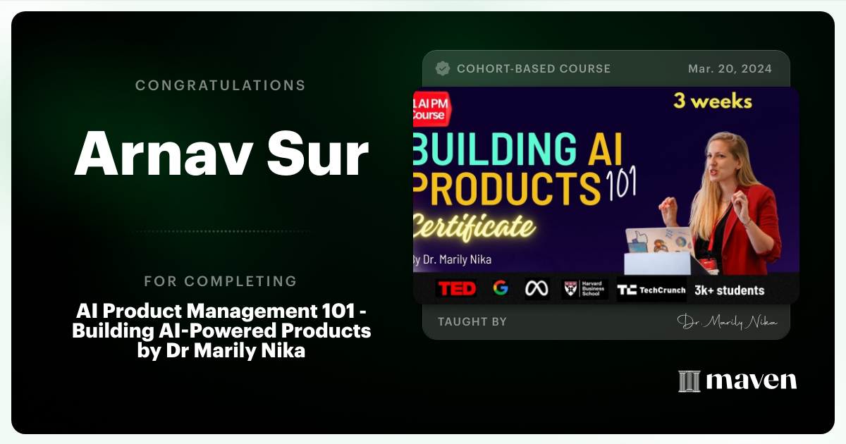 Certificate of Completion for AI Product Management 101 & Certification - Building AI Products end-to-end