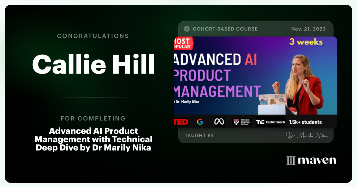 Certificate of Completion for Advanced AI Product Leadership Certification by AI Product Academy