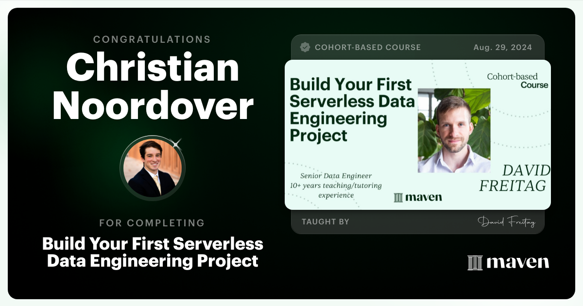 Certificate of Completion for Build Your First Serverless Data Engineering Project