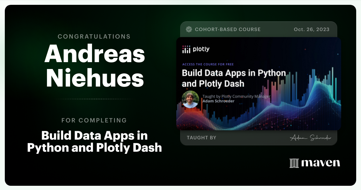 Certificate of Completion for Build Data Apps in Python and Plotly Dash