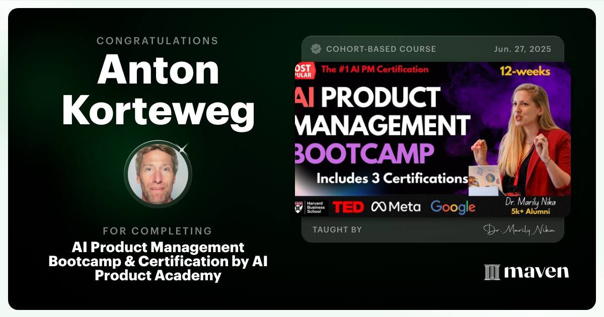 Certificate of Completion for AI Product Management Bootcamp & Certification by AI Product Academy