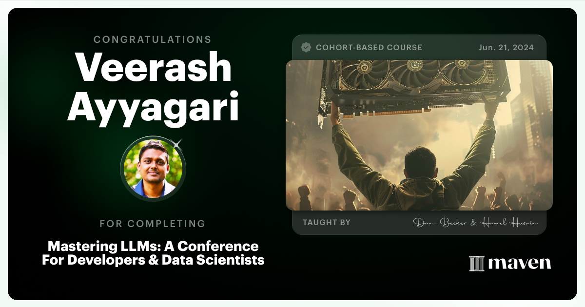 Certificate of Completion for Mastering LLMs For Developers & Data Scientists