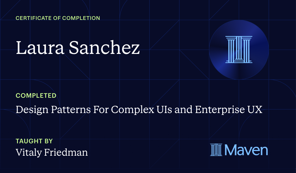 Certificate for Design Patterns For Complex UIs and Enterprise UX