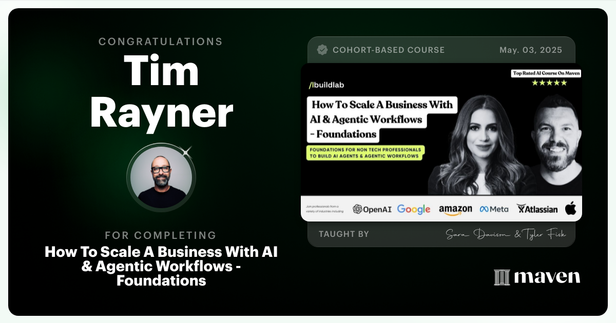 Certificate of Completion for How To Scale A Business With AI & Agentic Workflows - Foundations