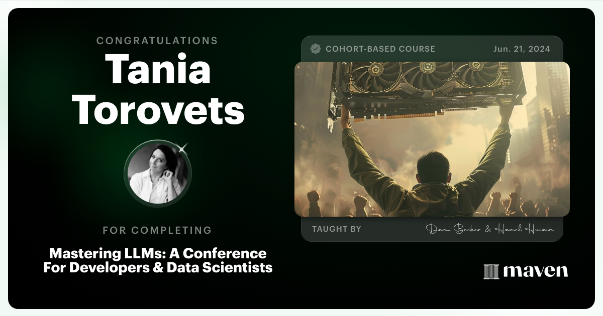 Certificate of Completion for Mastering LLMs For Developers & Data Scientists