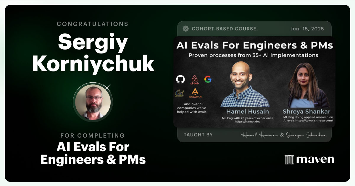 Certificate of Completion for AI Evals For Engineers & PMs