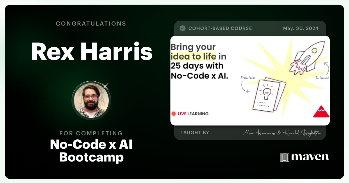 Certificate of Completion for No-Code x AI Bootcamp