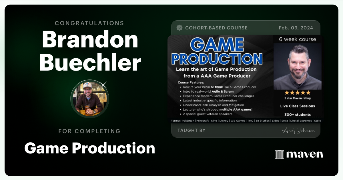 Certificate of Completion for Game Production – Think Like a Game Producer & Ship Games!