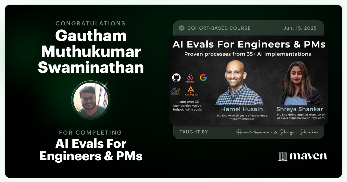 Certificate of Completion for AI Evals For Engineers & PMs