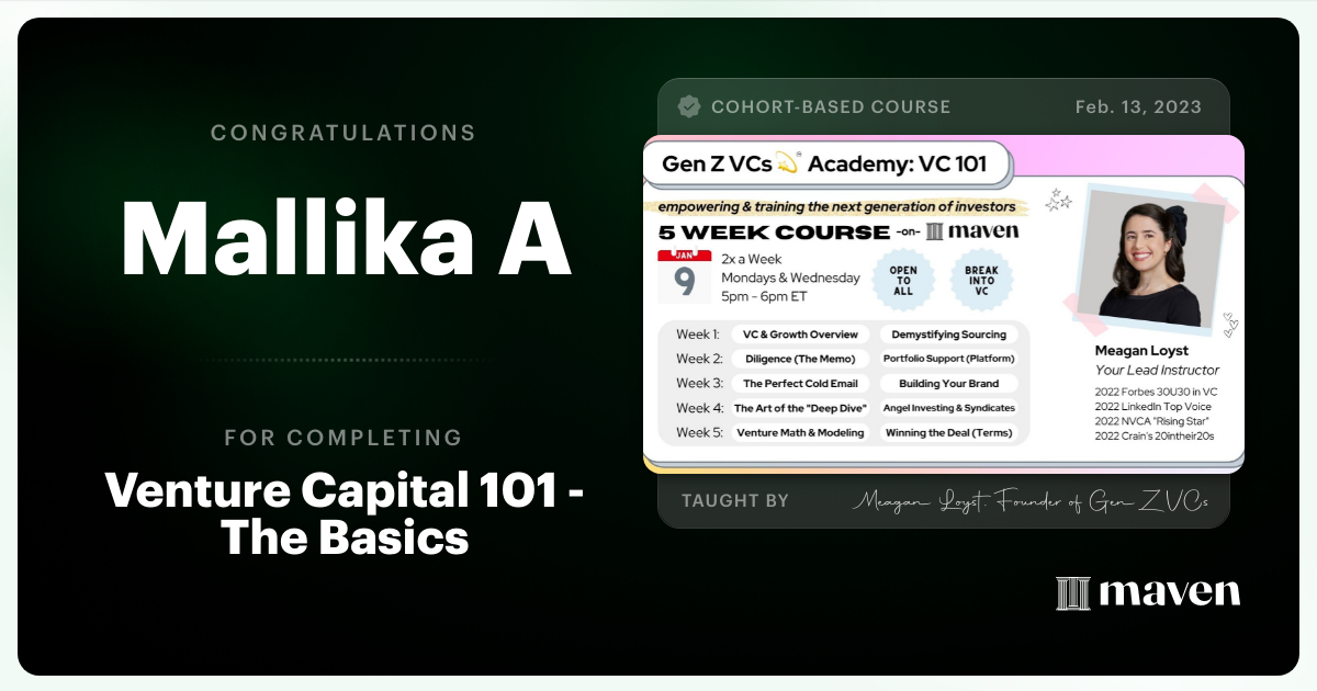 Certificate of Completion for Venture Capital 101 - The Basics