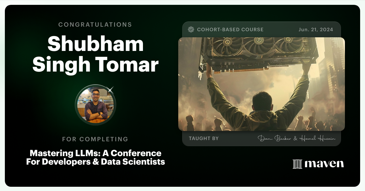 Certificate of Completion for Mastering LLMs For Developers & Data Scientists