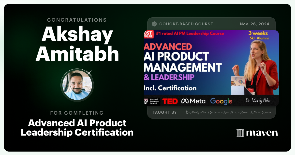 Certificate of Completion for Advanced AI Product Leadership Certification