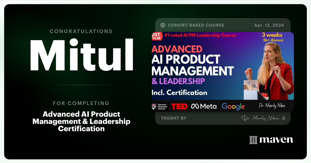 Certificate of Completion for Advanced AI Product Leadership Certification